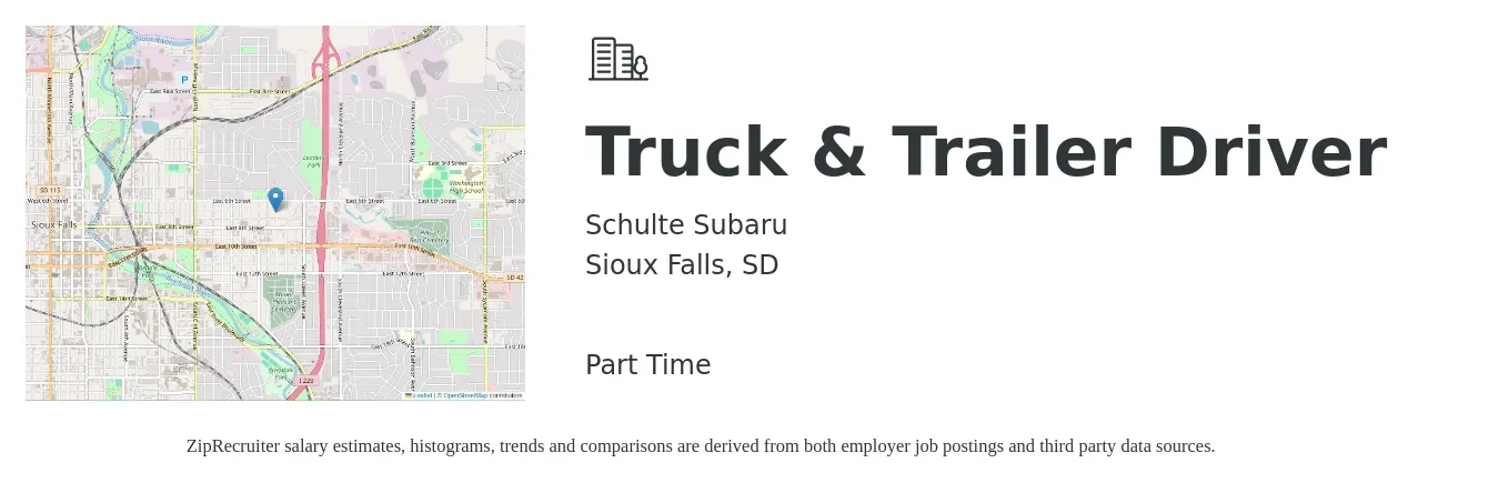 Schulte Subaru job posting for a Truck & Trailer Driver in Sioux Falls, SD with a salary of $19 to $32 Hourly with a map of Sioux Falls location.
