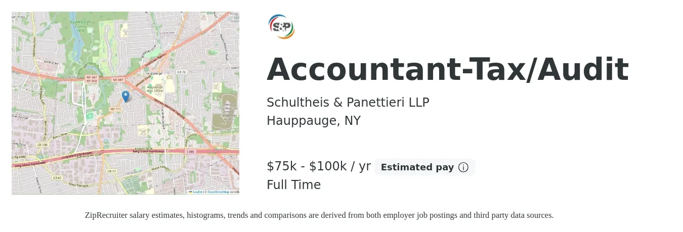 Schultheis & Panettieri LLP job posting for a Accountant-Tax/Audit in Hauppauge, NY with a salary of $75,000 to $100,000 Yearly with a map of Hauppauge location.