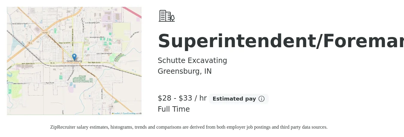 Schutte Excavating job posting for a Superintendent/Foreman in Greensburg, IN with a salary of $30 to $35 Hourly with a map of Greensburg location.