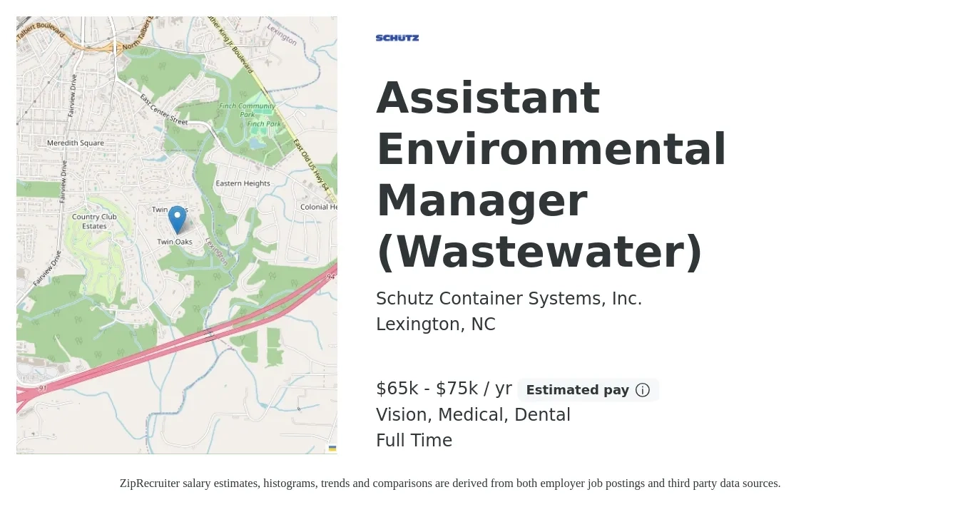 Schutz Container Systems, Inc. job posting for a Assistant Environmental Manager (Wastewater) in Lexington, NC with a salary of $65,000 to $75,000 Yearly and benefits including dental, life_insurance, medical, retirement, and vision with a map of Lexington location.