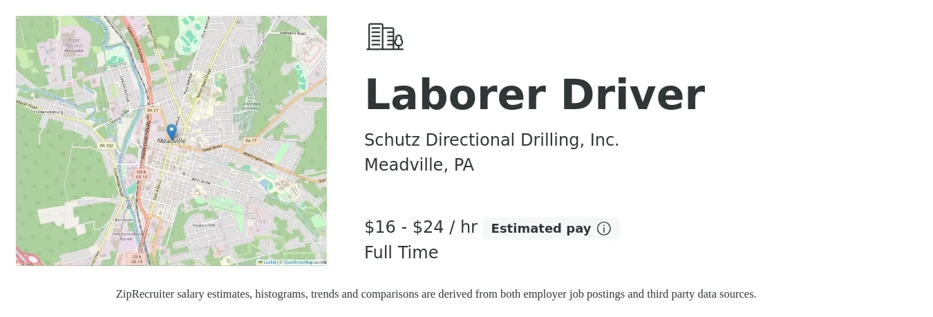 Schutz Directional Drilling, Inc. job posting for a Laborer Driver in Meadville, PA with a salary of $17 to $25 Hourly and benefits including retirement with a map of Meadville location.