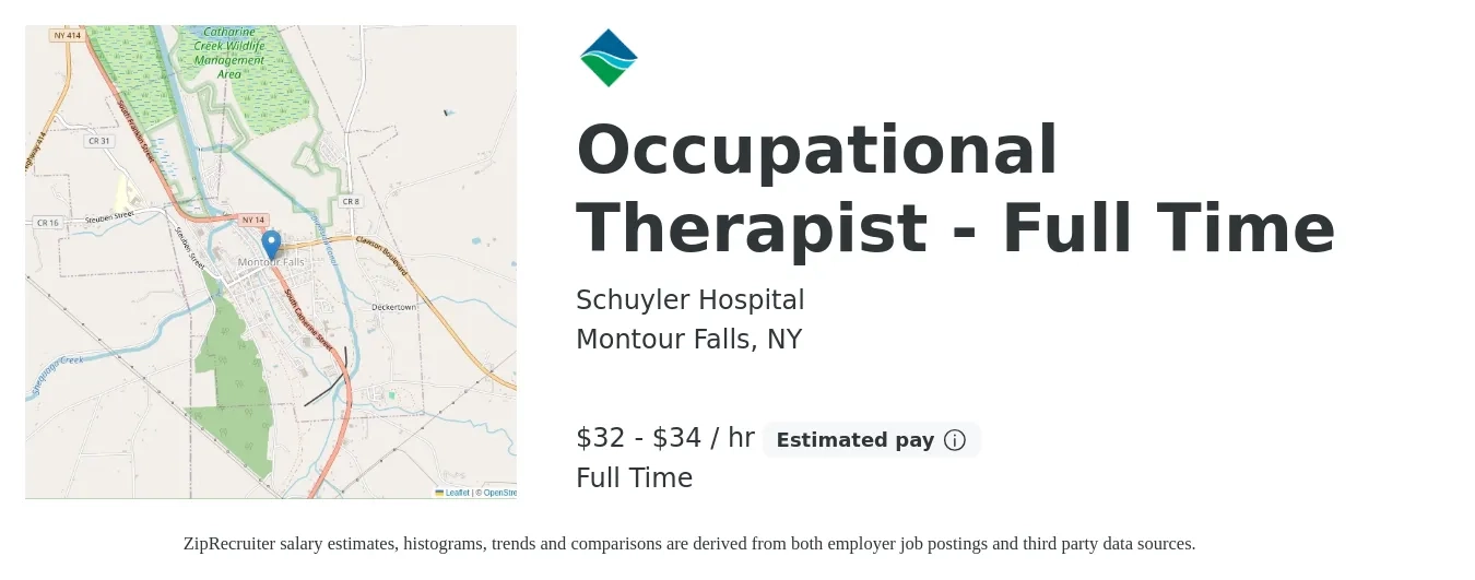Schuyler Hospital job posting for a Occupational Therapist - Full Time in Montour Falls, NY with a salary of $34 to $36 Hourly with a map of Montour Falls location.