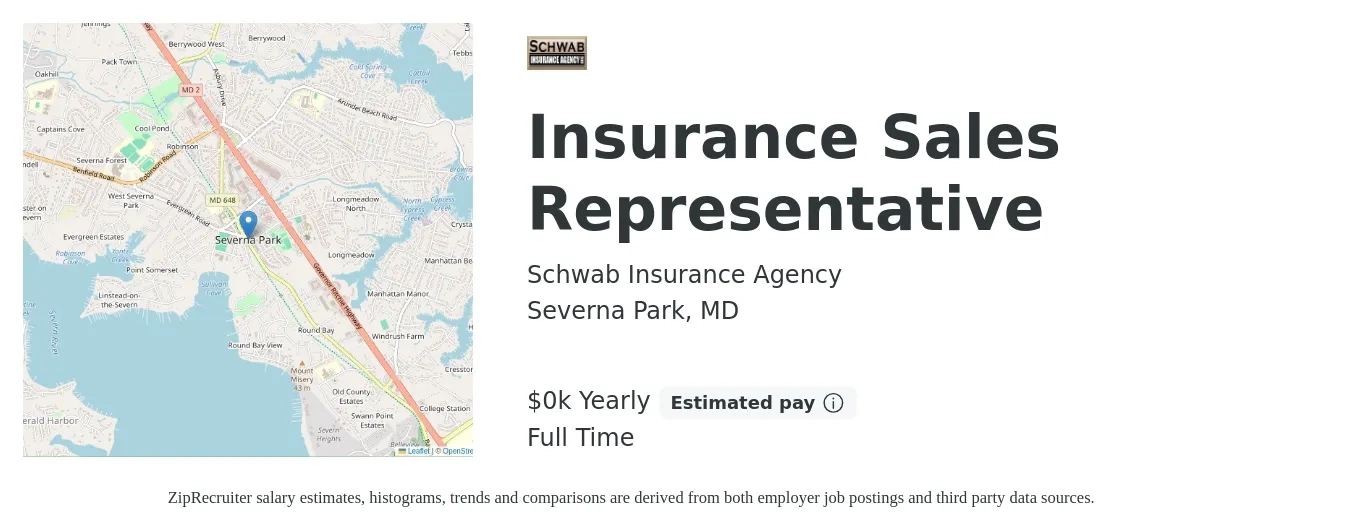 Schwab Insurance Agency job posting for a Insurance Sales Representative in Severna Park, MD with a salary of $17 to $20 Yearly with a map of Severna Park location.