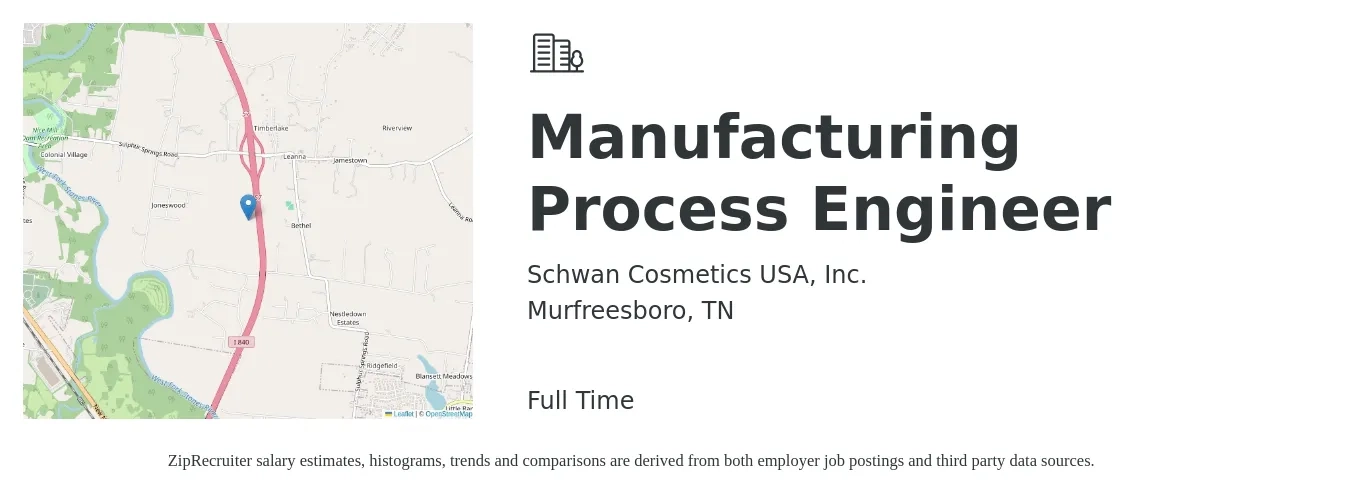 Schwan Cosmetics USA, Inc. job posting for a Manufacturing Process Engineer in Murfreesboro, TN with a salary of $66,700 to $88,900 Yearly with a map of Murfreesboro location.