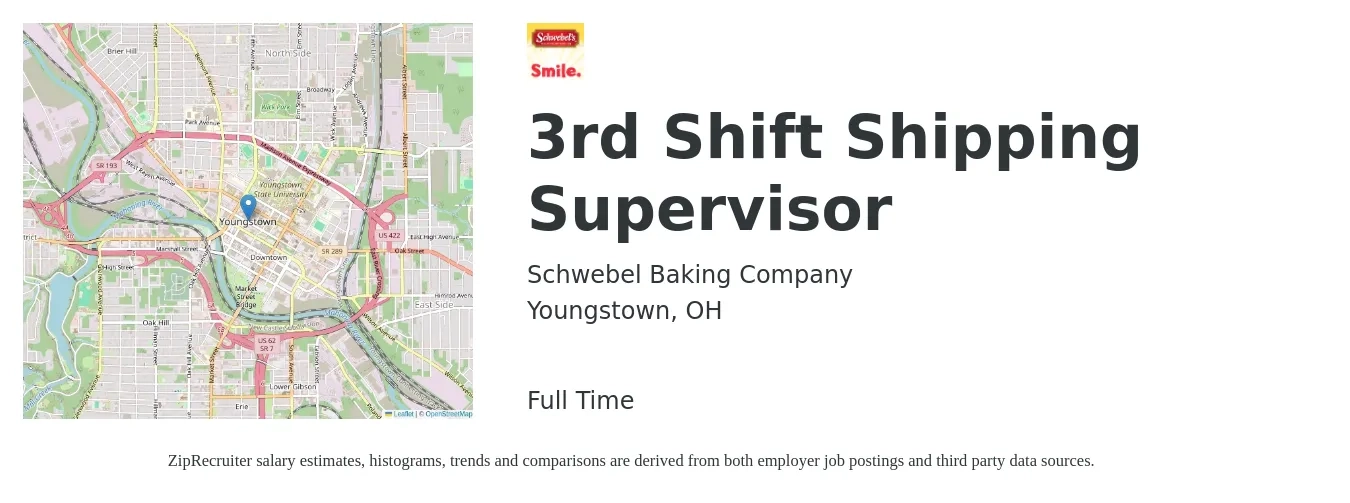 Schwebel Baking Company job posting for a 3rd Shift Shipping Supervisor in Youngstown, OH with a salary of $43,000 to $53,000 Yearly with a map of Youngstown location.