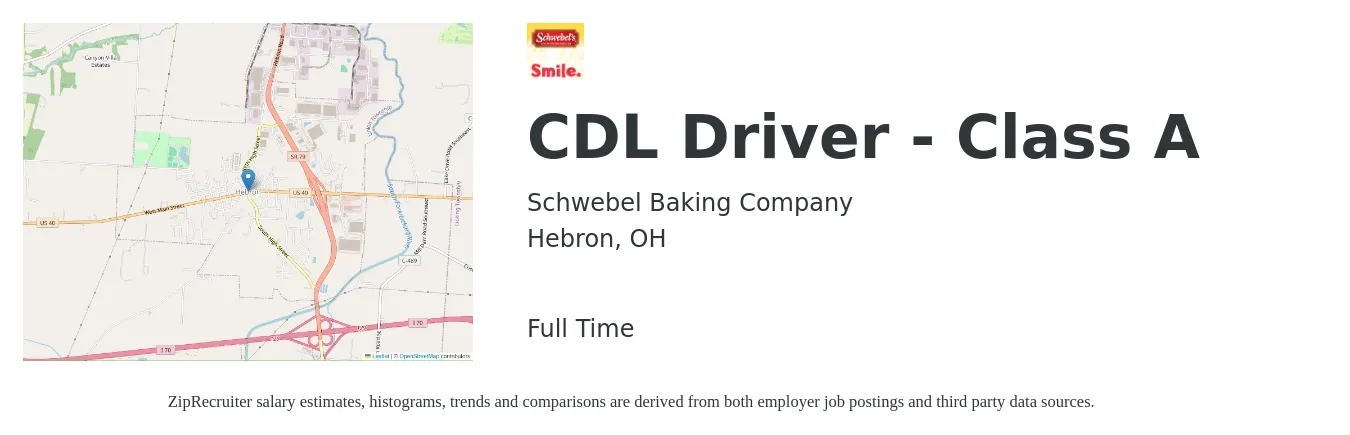 Schwebel Baking Company job posting for a CDL Driver - Class A in Hebron, OH with a salary of $1,130 to $1,650 Weekly with a map of Hebron location.