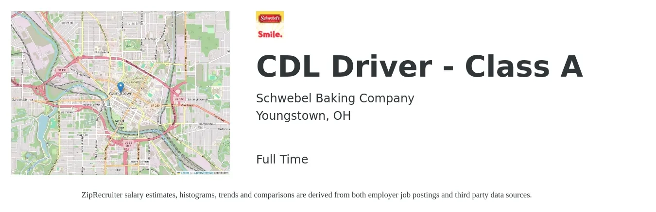 Schwebel Baking Company job posting for a CDL Driver - Class A in Youngstown, OH with a salary of $1,150 to $1,690 Weekly with a map of Youngstown location.