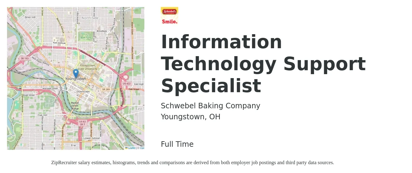 Schwebel Baking Company job posting for a Information Technology Support Specialist in Youngstown, OH with a salary of $43,700 to $88,300 Yearly with a map of Youngstown location.