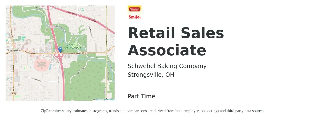 Schwebel Baking Company job posting for a Retail Sales Associate in Strongsville, OH with a salary of $13 Hourly with a map of Strongsville location.
