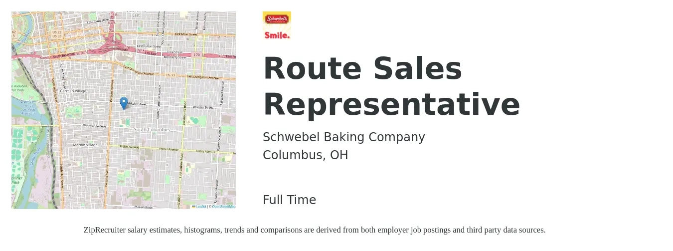 Schwebel Baking Company job posting for a Route Sales Representative in Columbus, OH with a salary of $41,800 to $53,500 Yearly with a map of Columbus location.