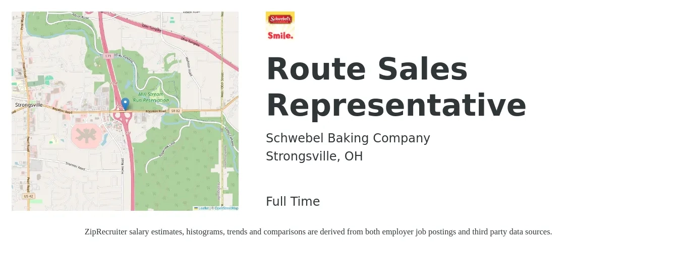 Schwebel Baking Company job posting for a Route Sales Representative in Strongsville, OH with a salary of $41,100 to $52,600 Yearly with a map of Strongsville location.