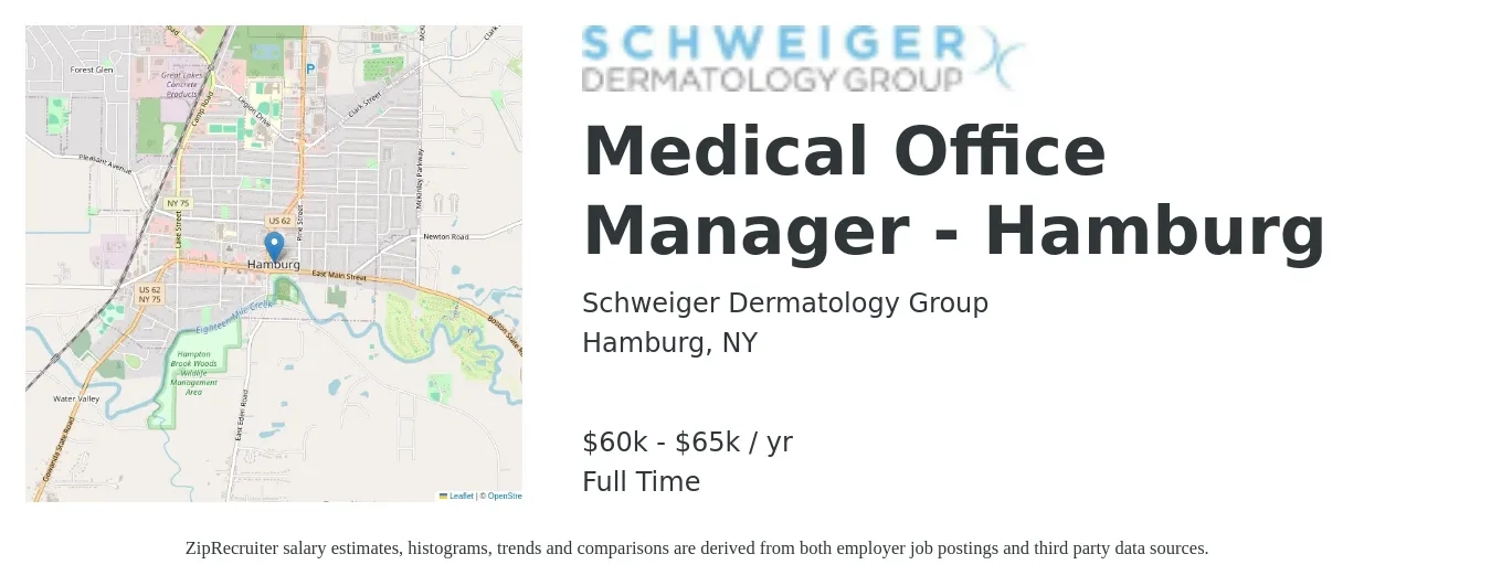 Schweiger Dermatology Group job posting for a Medical Office Manager - Hamburg in Hamburg, NY with a salary of $60,000 to $65,000 Yearly with a map of Hamburg location.