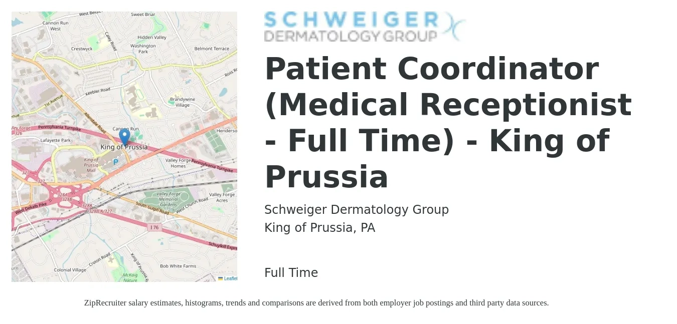 Schweiger Dermatology Group job posting for a Patient Coordinator (Medical Receptionist - Full Time) - King of Prussia in King of Prussia, PA with a salary of $16 to $20 Hourly with a map of King of Prussia location.