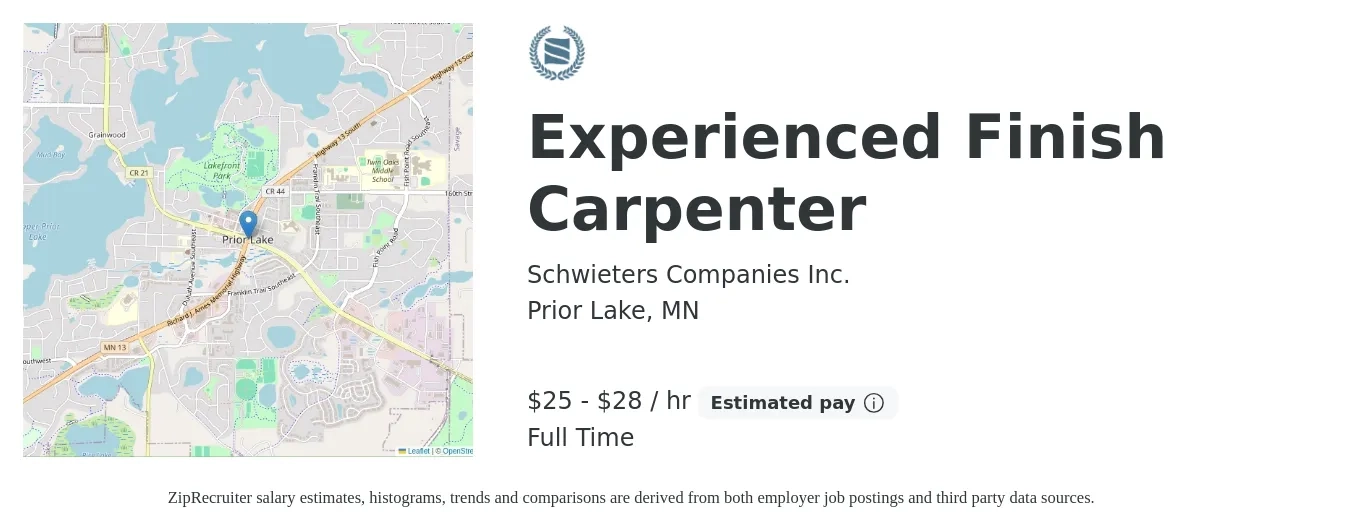 Schwieters Companies Inc. job posting for a Experienced Finish Carpenter in Prior Lake, MN with a salary of $26 to $30 Hourly with a map of Prior Lake location.