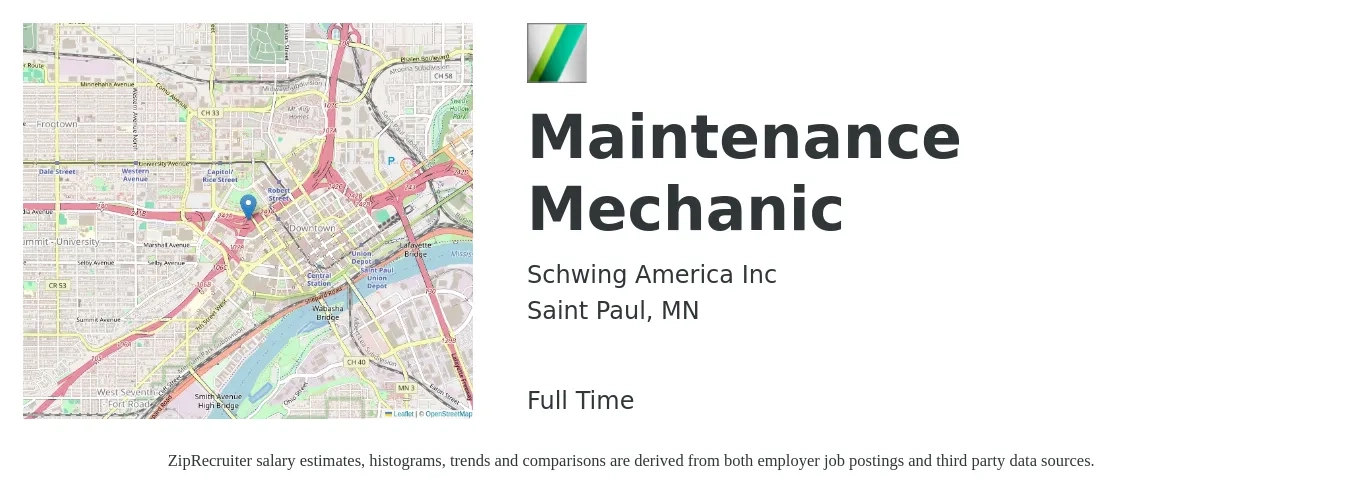 Schwing America Inc job posting for a Maintenance Mechanic in Saint Paul, MN with a salary of $25 to $32 Hourly with a map of Saint Paul location.