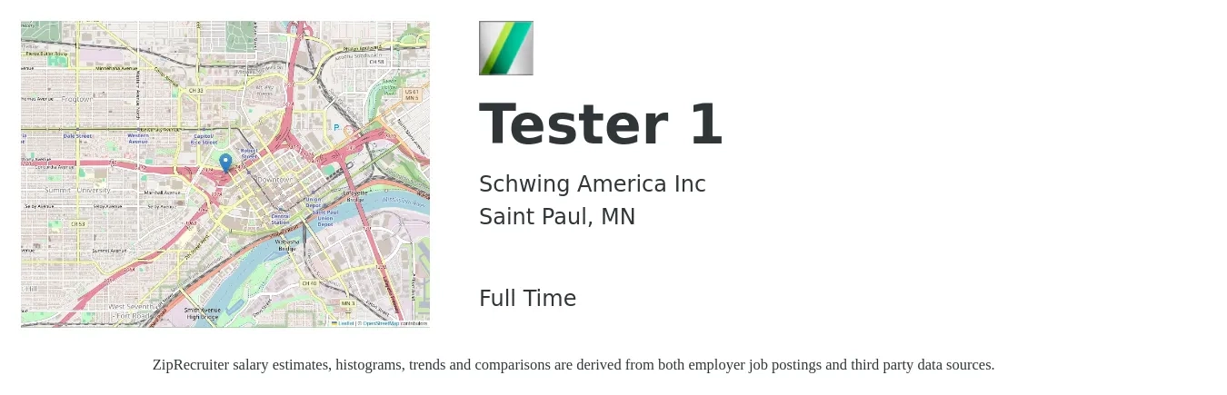 Schwing America Inc job posting for a Tester 1 in Saint Paul, MN with a salary of $22 to $53 Hourly with a map of Saint Paul location.
