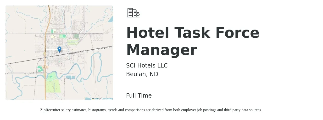 SCI Hotels LLC job posting for a Hotel Task Force Manager in Beulah, ND with a salary of $40,200 to $60,800 Yearly with a map of Beulah location.