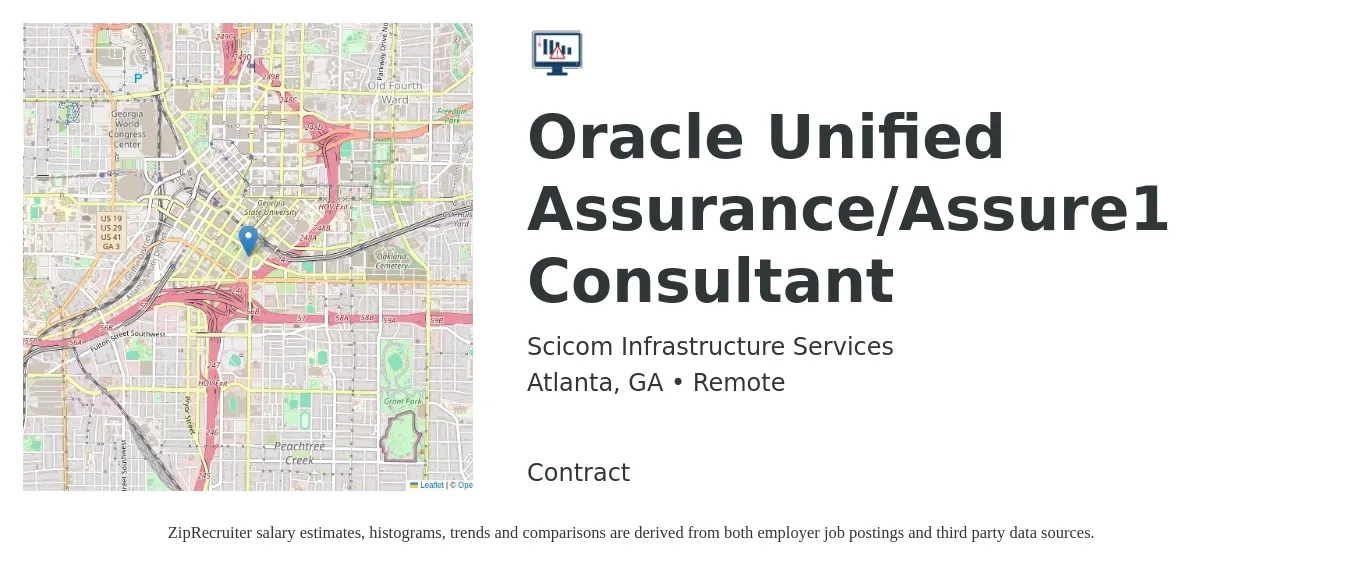 Scicom Infrastructure Services job posting for a Oracle Unified Assurance/Assure1 Consultant in Atlanta, GA with a salary of $54 to $75 Hourly with a map of Atlanta location.