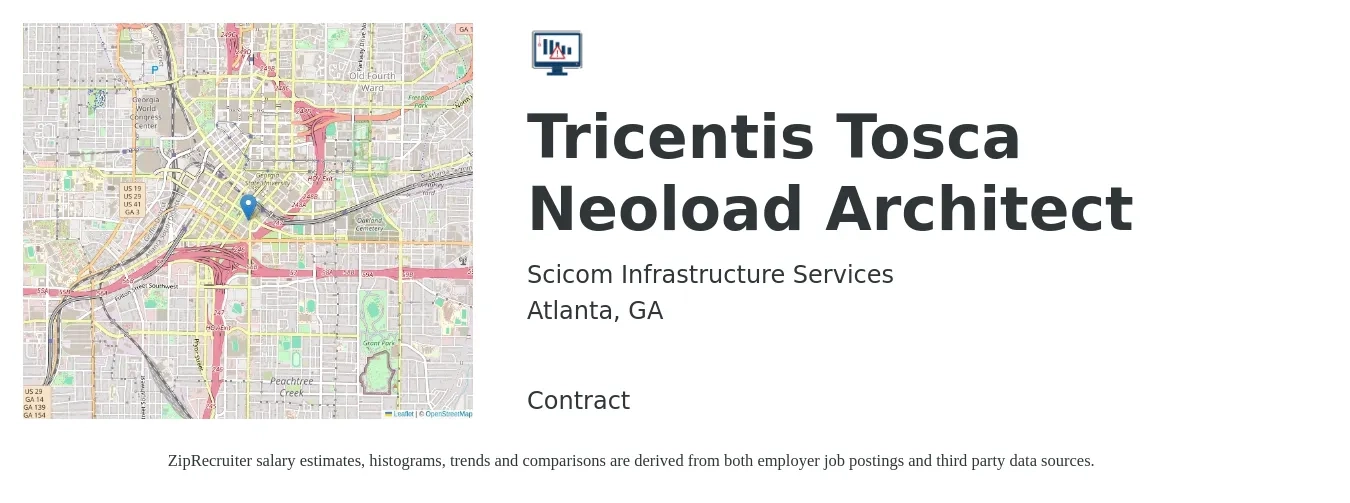 Scicom Infrastructure Services job posting for a Tricentis Tosca Neoload Architect in Atlanta, GA with a salary of $160,600 Yearly with a map of Atlanta location.