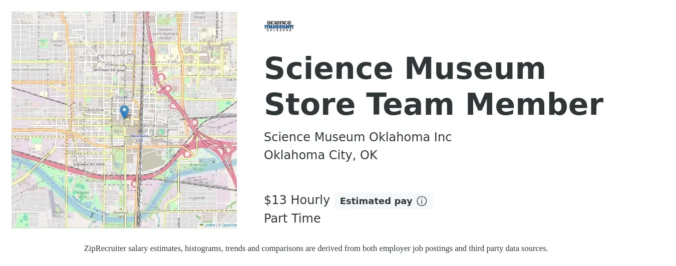 Science Museum Oklahoma job posting for a Science Museum Store Team Member in Oklahoma City, OK with a salary of $14 Hourly with a map of Oklahoma City location.
