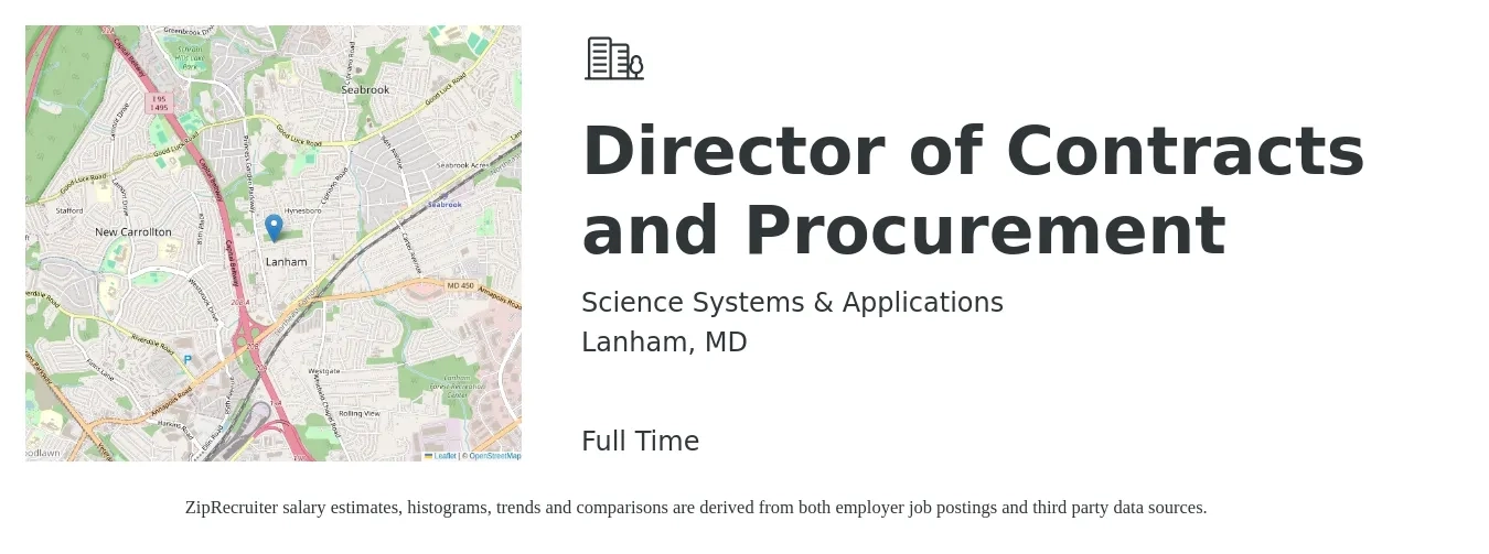 Science Systems & Applications job posting for a Director of Contracts and Procurement in Lanham, MD with a salary of $102,300 to $162,600 Yearly with a map of Lanham location.