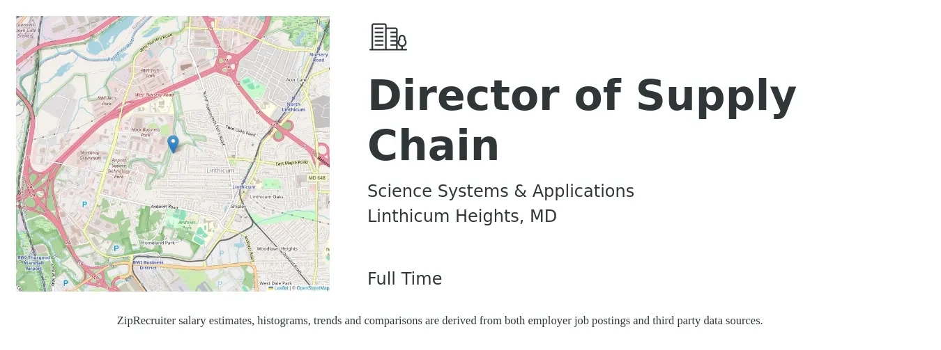 Science Systems & Applications job posting for a Director of Supply Chain in Linthicum Heights, MD with a salary of $178,300 to $201,800 Yearly with a map of Linthicum Heights location.