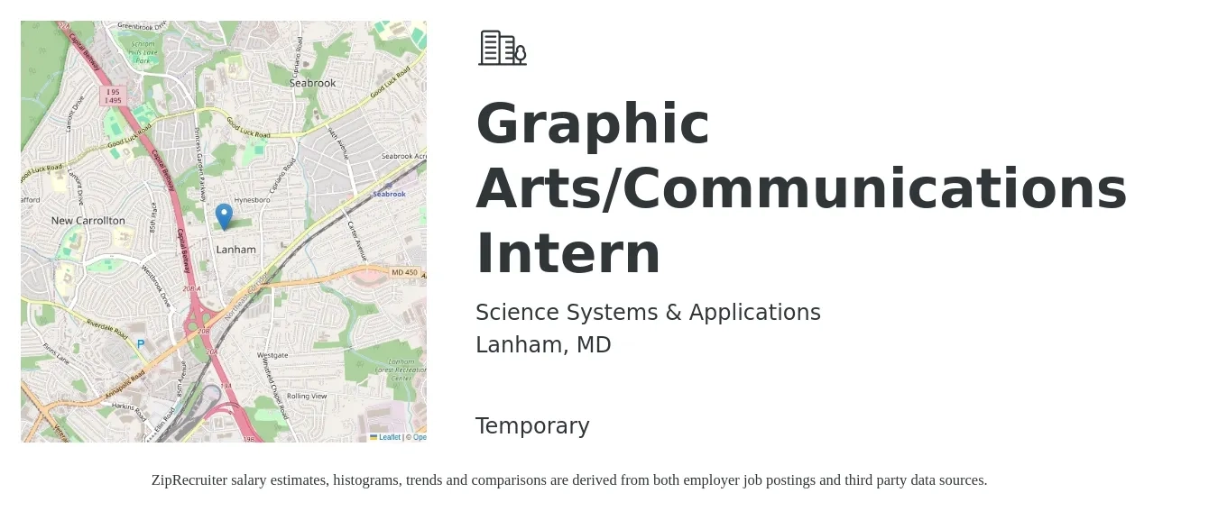 Science Systems & Applications job posting for a Graphic Arts/Communications Intern in Lanham, MD with a salary of $15 to $20 Hourly with a map of Lanham location.