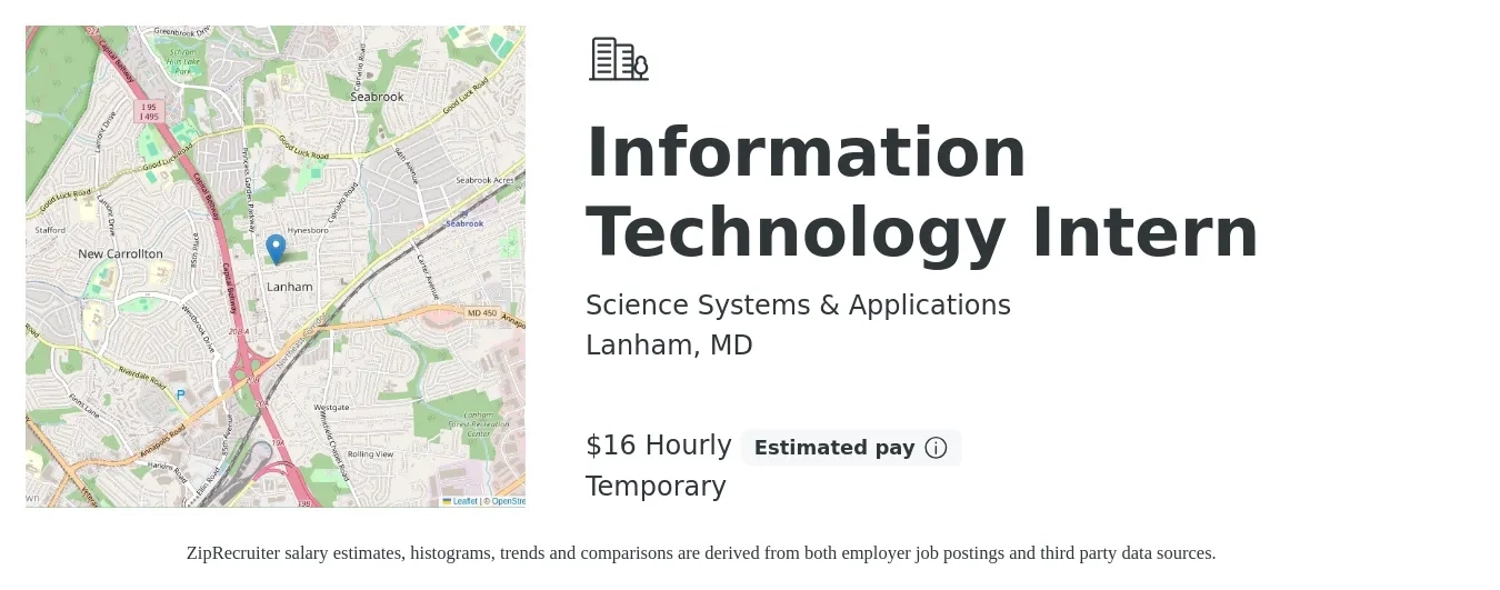 Science Systems & Applications job posting for a Information Technology Intern in Lanham, MD with a salary of $17 Hourly with a map of Lanham location.
