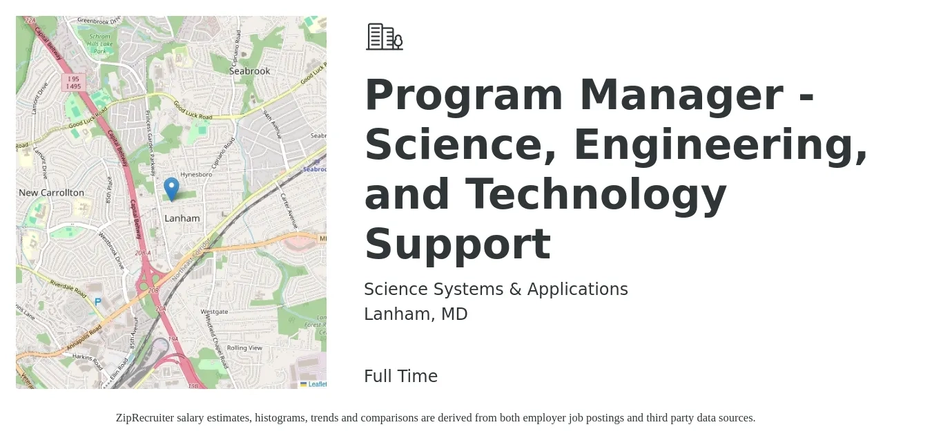 Science Systems & Applications job posting for a Program Manager - Science, Engineering, and Technology Support in Lanham, MD with a salary of $79,300 to $132,200 Yearly with a map of Lanham location.