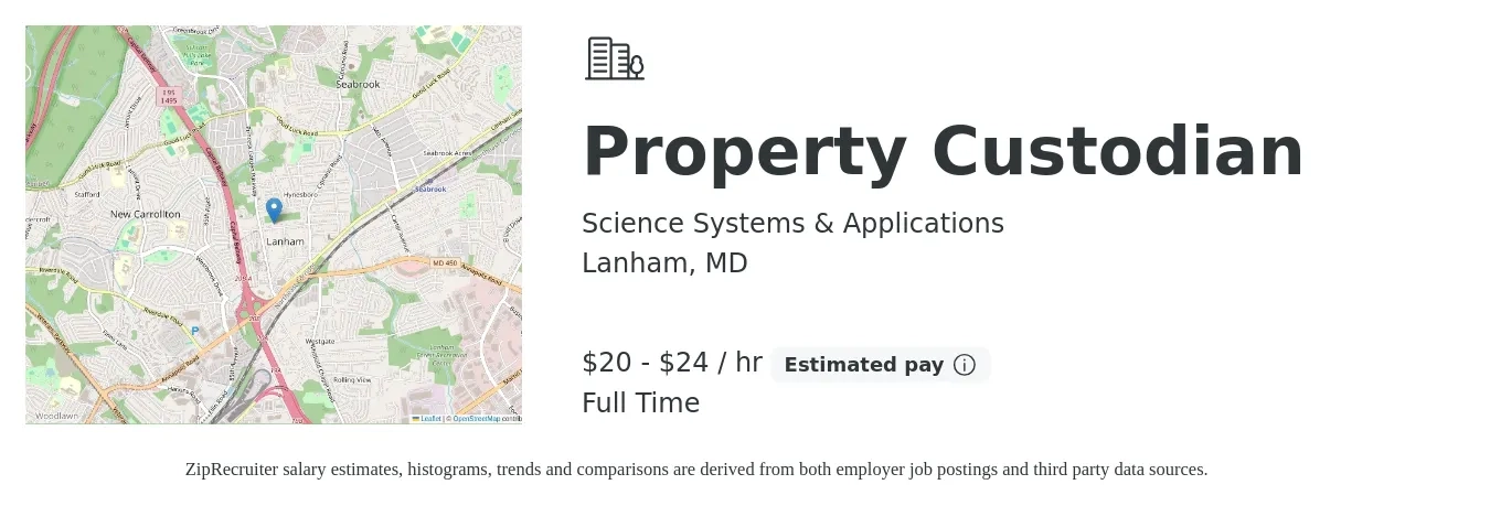 Science Systems & Applications job posting for a Property Custodian in Lanham, MD with a salary of $21 to $25 Hourly with a map of Lanham location.