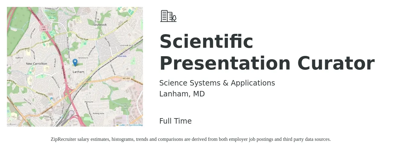 Science Systems & Applications job posting for a Scientific Presentation Curator in Lanham, MD with a salary of $41,400 to $64,900 Yearly with a map of Lanham location.
