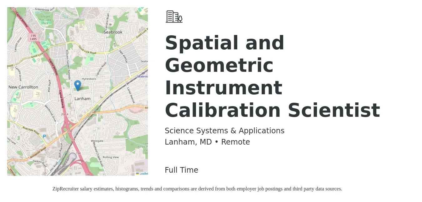 Science Systems & Applications job posting for a Spatial and Geometric Instrument Calibration Scientist in Lanham, MD with a salary of $32 to $44 Hourly with a map of Lanham location.
