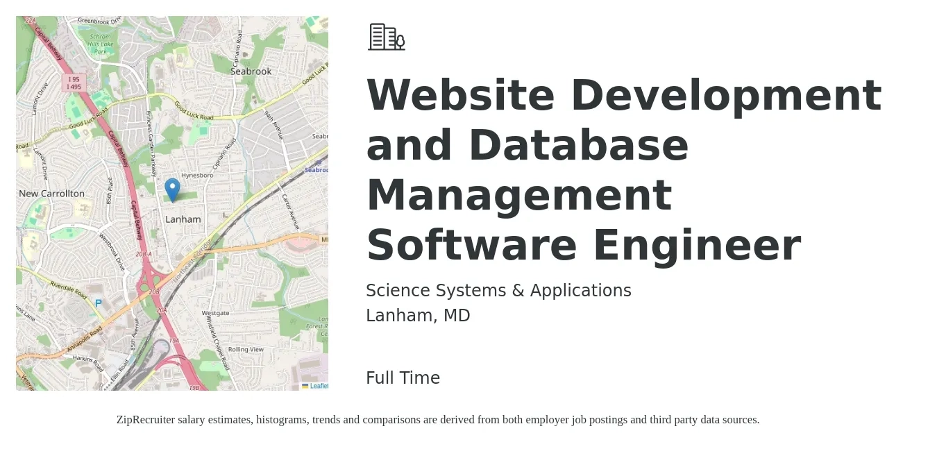Science Systems & Applications job posting for a Website Development and Database Management Software Engineer in Lanham, MD with a salary of $114,200 to $137,200 Yearly with a map of Lanham location.