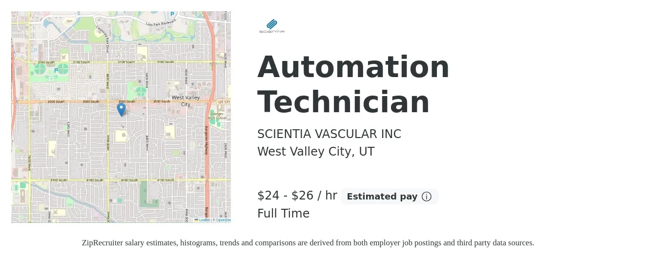 SCIENTIA VASCULAR INC job posting for a Automation Technician in West Valley City, UT with a salary of $25 to $28 Hourly with a map of West Valley City location.