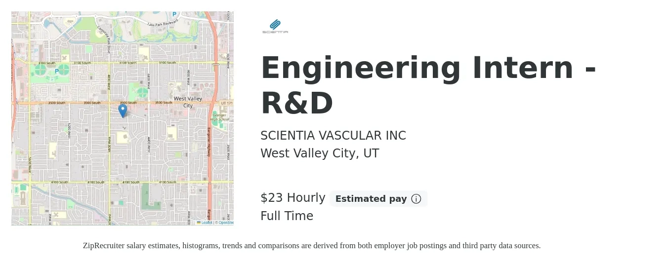 SCIENTIA VASCULAR INC job posting for a Engineering Intern - R&D in West Valley City, UT with a salary of $25 Hourly with a map of West Valley City location.