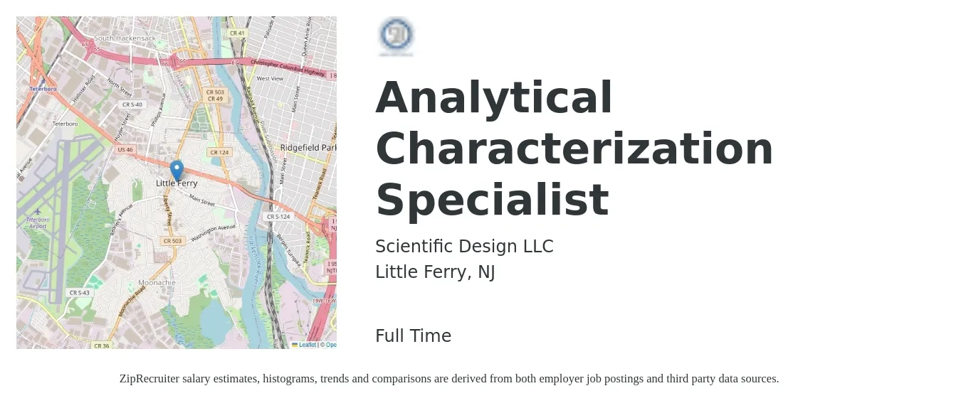 Scientific Design LLC job posting for a Analytical Characterization Specialist in Little Ferry, NJ with a map of Little Ferry location.