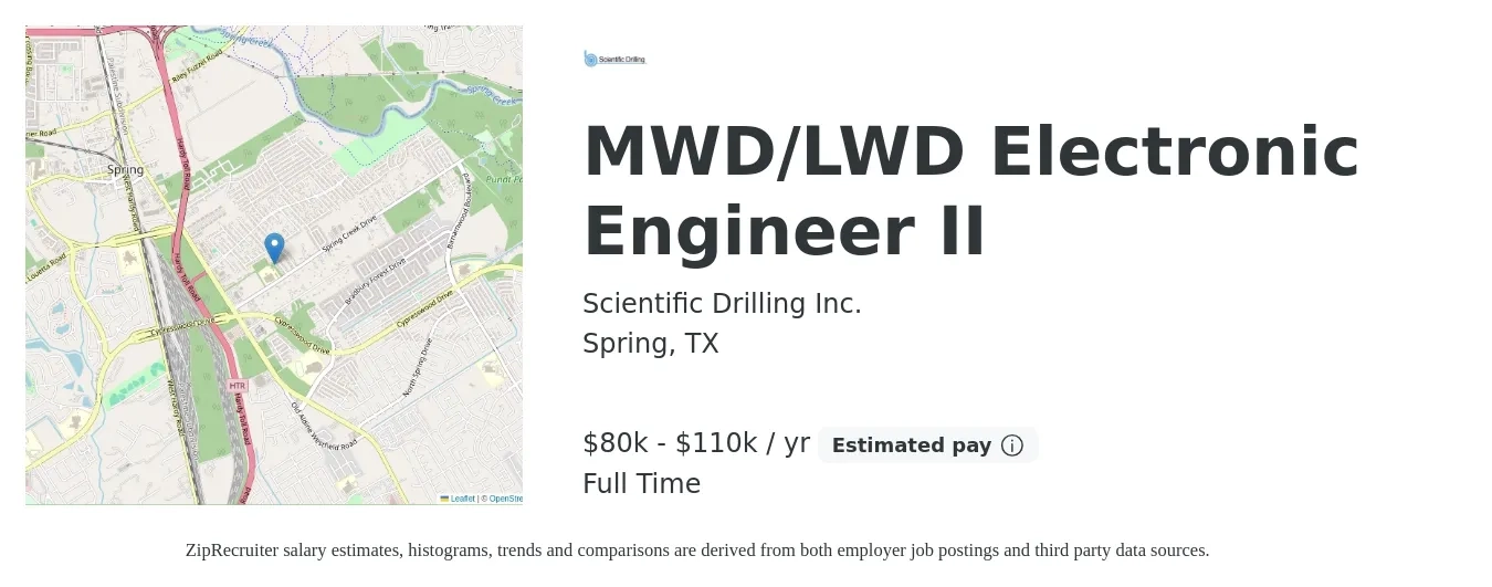 Scientific Drilling Inc. job posting for a MWD/LWD Electronic Engineer II in Spring, TX with a salary of $80,000 to $110,000 Yearly with a map of Spring location.