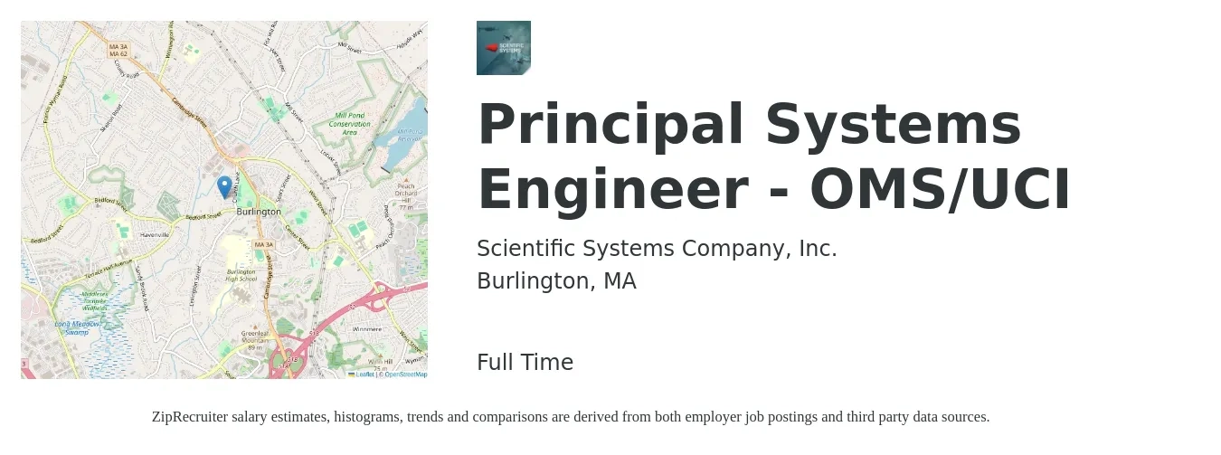 Scientific Systems Company, Inc. job posting for a Principal Systems Engineer - OMS/UCI in Burlington, MA with a salary of $130,600 to $190,400 Yearly with a map of Burlington location.