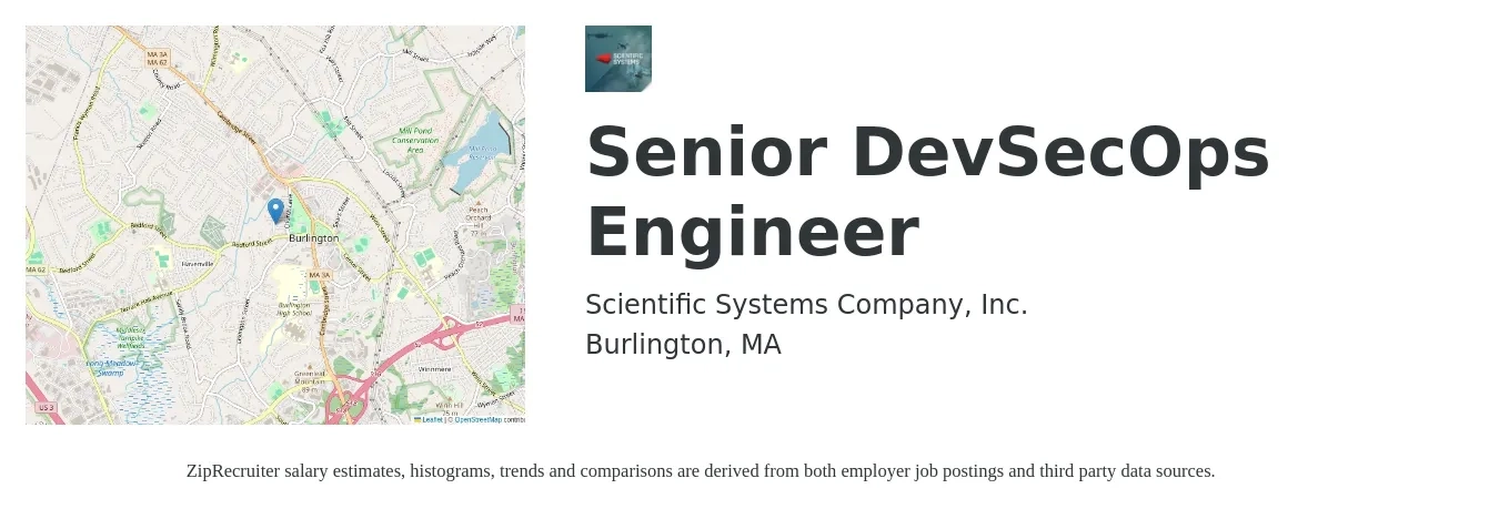 Scientific Systems Company, Inc. job posting for a Senior DevSecOps Engineer in Burlington, MA with a salary of $124,600 to $170,800 Yearly with a map of Burlington location.