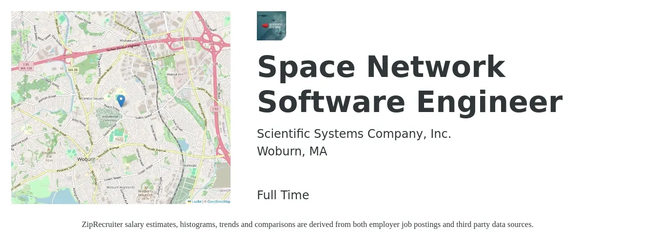 Scientific Systems Company, Inc. job posting for a Space Network Software Engineer in Woburn, MA with a salary of $97,400 to $146,000 Yearly with a map of Woburn location.