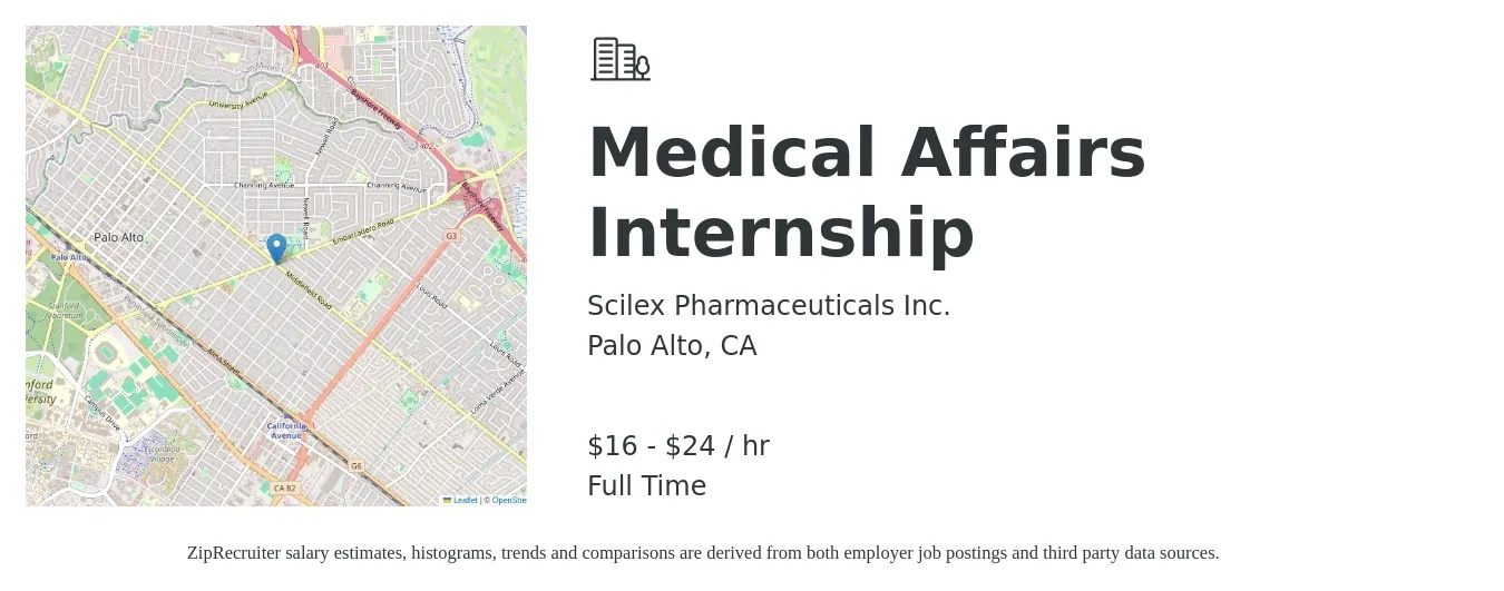 Scilex Pharmaceuticals Inc. job posting for a Medical Affairs Internship in Palo Alto, CA with a salary of $17 to $25 Hourly with a map of Palo Alto location.