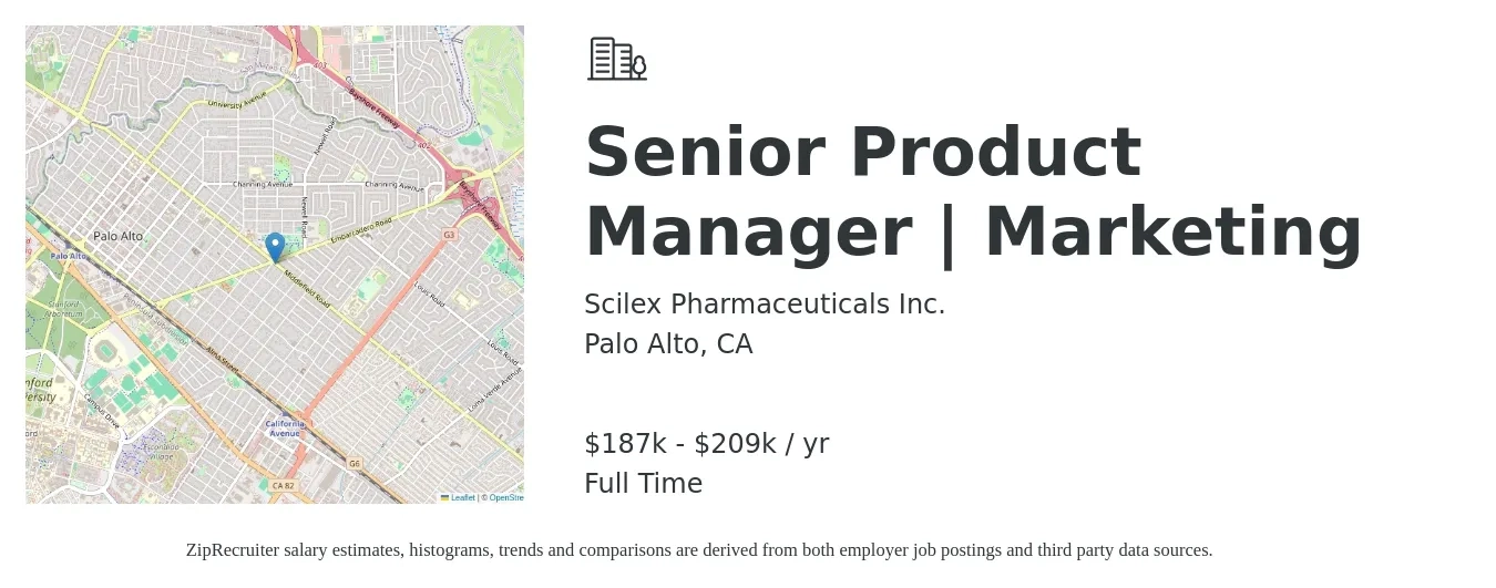 Scilex Pharmaceuticals Inc. job posting for a Senior Product Manager | Marketing in Palo Alto, CA with a salary of $187,000 to $209,000 Yearly with a map of Palo Alto location.