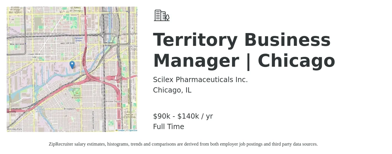 Scilex Pharmaceuticals Inc. job posting for a Territory Business Manager | Chicago in Chicago, IL with a salary of $90,000 to $140,000 Yearly with a map of Chicago location.