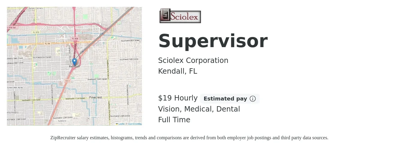 Sciolex Corporation job posting for a Supervisor in Kendall, FL with a salary of $20 Hourly and benefits including dental, life_insurance, medical, pto, retirement, and vision with a map of Kendall location.