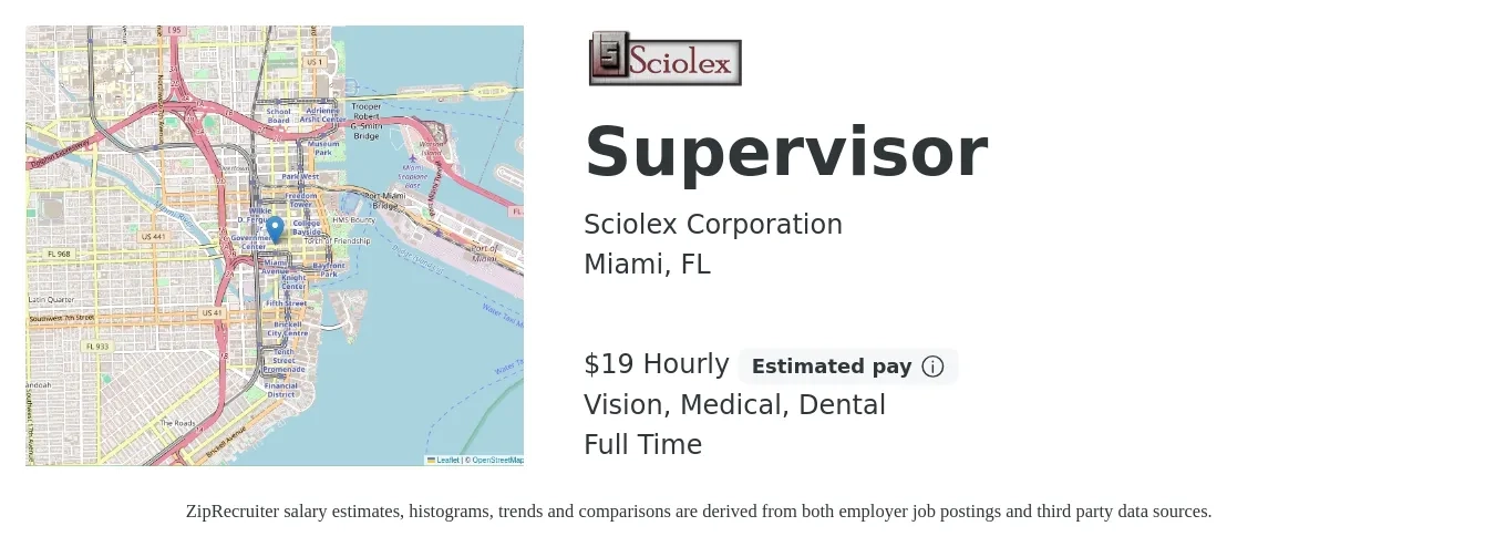Sciolex Corporation job posting for a Supervisor in Miami, FL with a salary of $21 Hourly and benefits including life_insurance, medical, pto, retirement, vision, and dental with a map of Miami location.