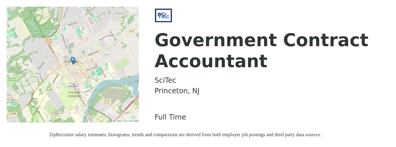 SciTec job posting for a Government Contract Accountant in Princeton, NJ with a salary of $71,000 to $107,000 Yearly with a map of Princeton location.