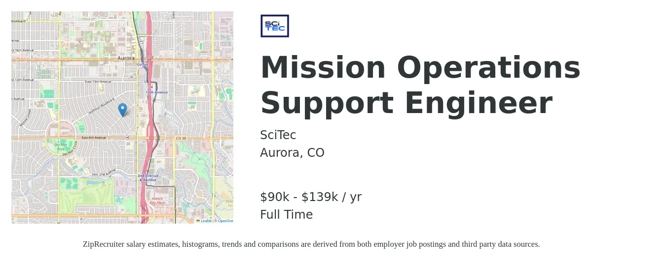 SciTec job posting for a Mission Operations Support Engineer in Aurora, CO with a salary of $90,000 to $139,000 Yearly with a map of Aurora location.