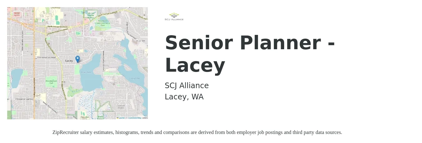 SCJ Alliance job posting for a Senior Planner - Lacey in Lacey, WA with a salary of $105,000 to $125,000 Yearly with a map of Lacey location.