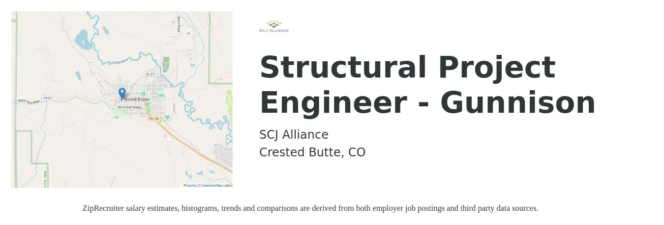 SCJ Alliance job posting for a Structural Project Engineer - Gunnison in Crested Butte, CO with a salary of $85,000 to $95,000 Yearly with a map of Crested Butte location.