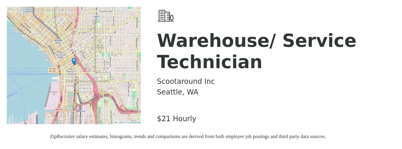 Scootaround Inc job posting for a Warehouse/Service Technician in Seattle, WA with a salary of $22 Hourly with a map of Seattle location.